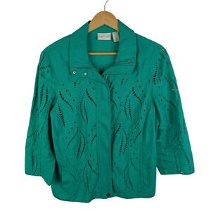 Chicos Emerald Green Eyelet Linen Zip Up Jacket Size 1 Medium Coastal Boho Layer